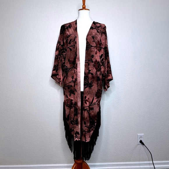 ANGL Tops - ANGL Velvet Burnout Kimono MEDIUM Reddish Brown Fringe Hem Whimsigoth Festival
